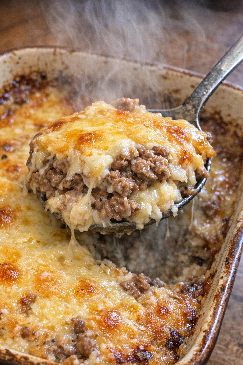 Bubbling savory beef bake in a stoneware dish