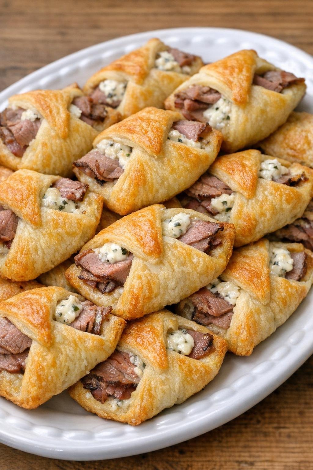 Golden brown roast beef and Boursin crescent diamonds on a white platter