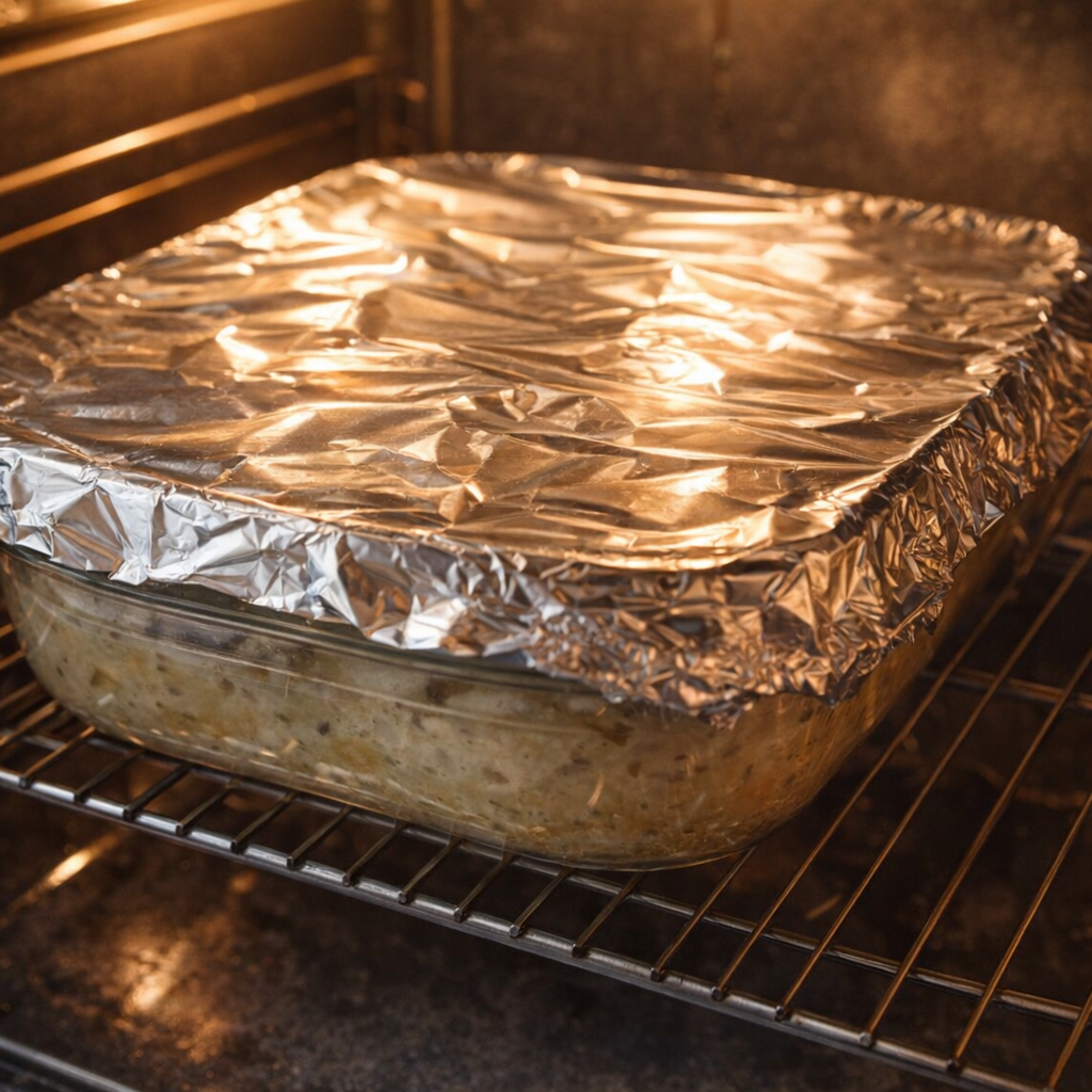 Foil-covered casserole dish ready to go into the oven