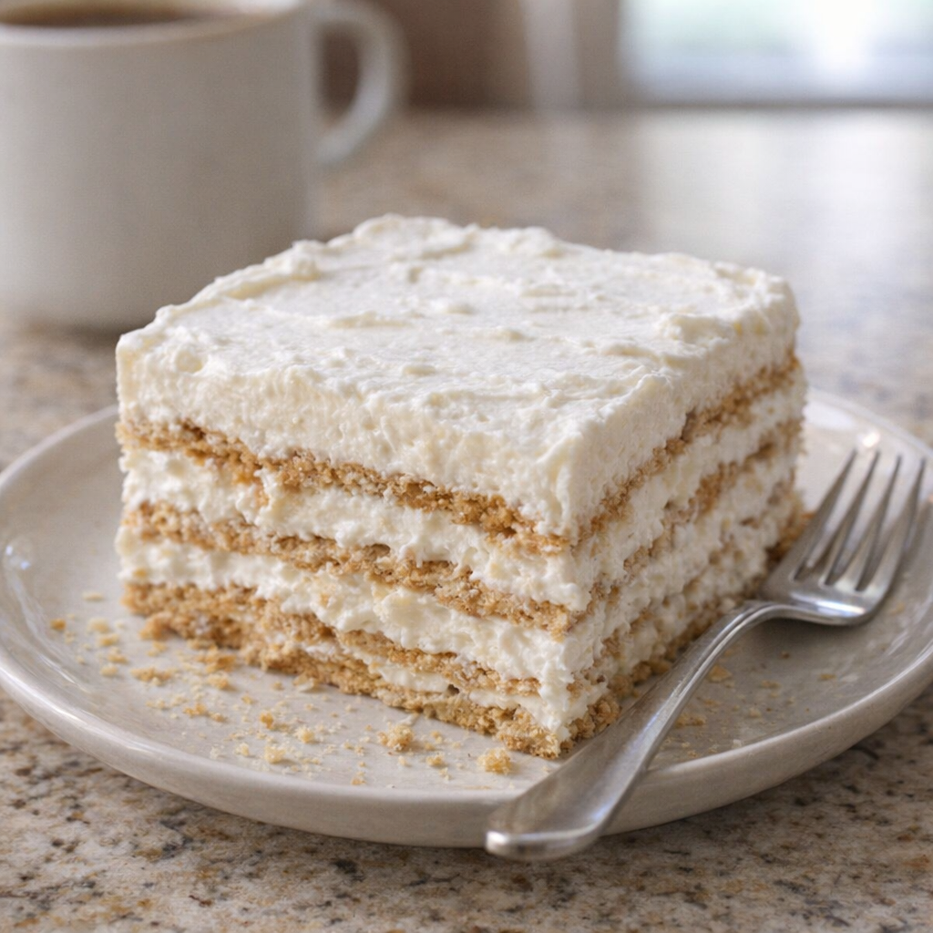 Slice of icebox cake served on a small plate