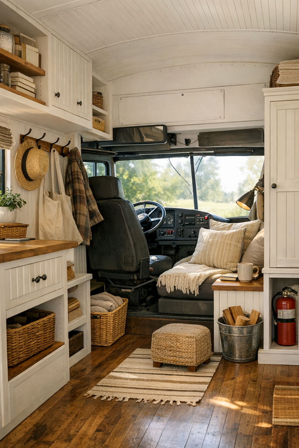 Thoughtful transitional area in the bus with storage, reading nook, and homestead utility details