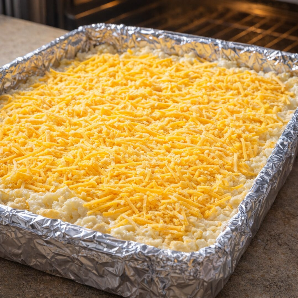 Unbaked hashbrown casserole topped with shredded cheddar before going into the oven