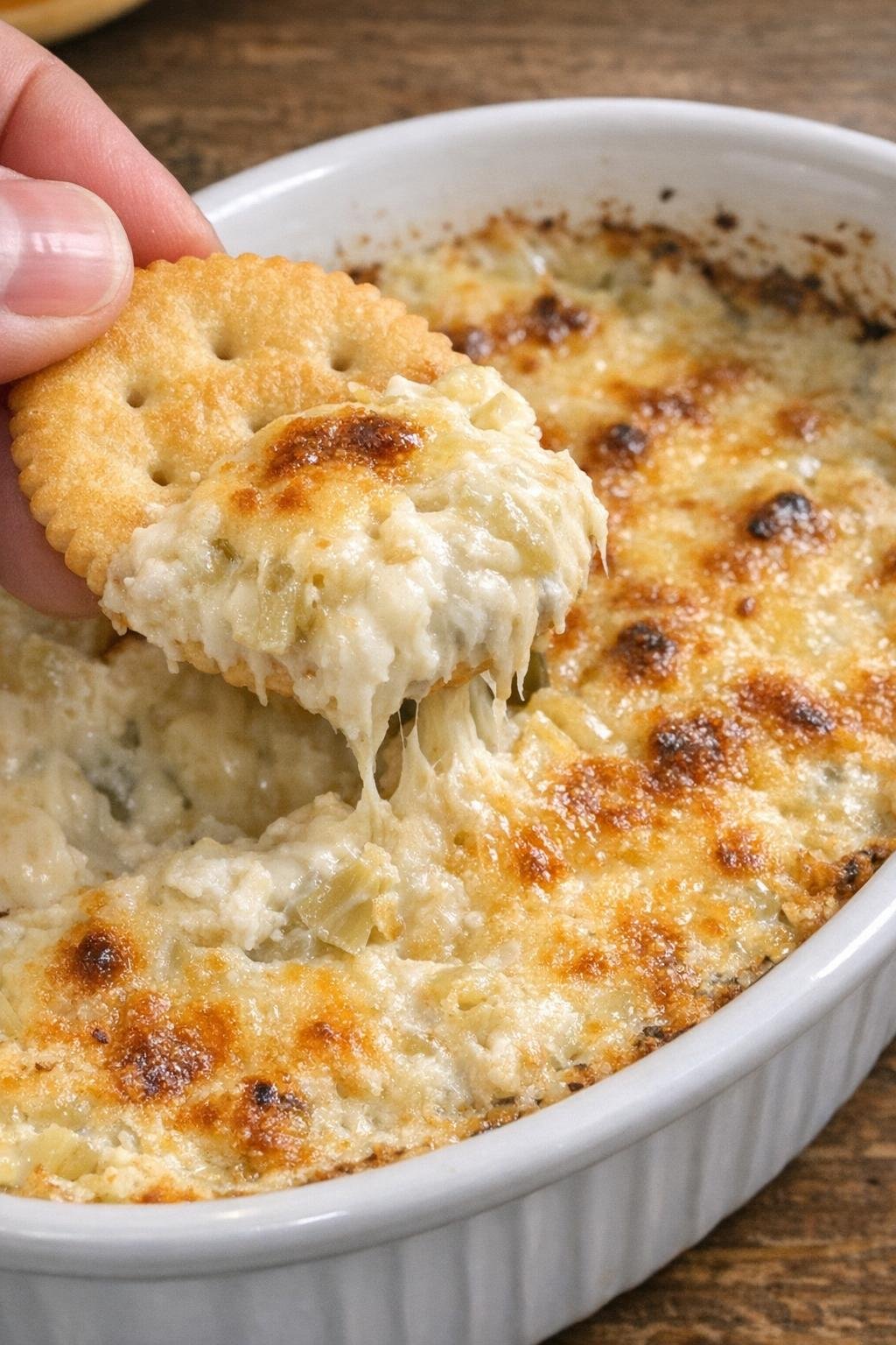 3-ingredient artichoke pendleton dip in a white casserole dish