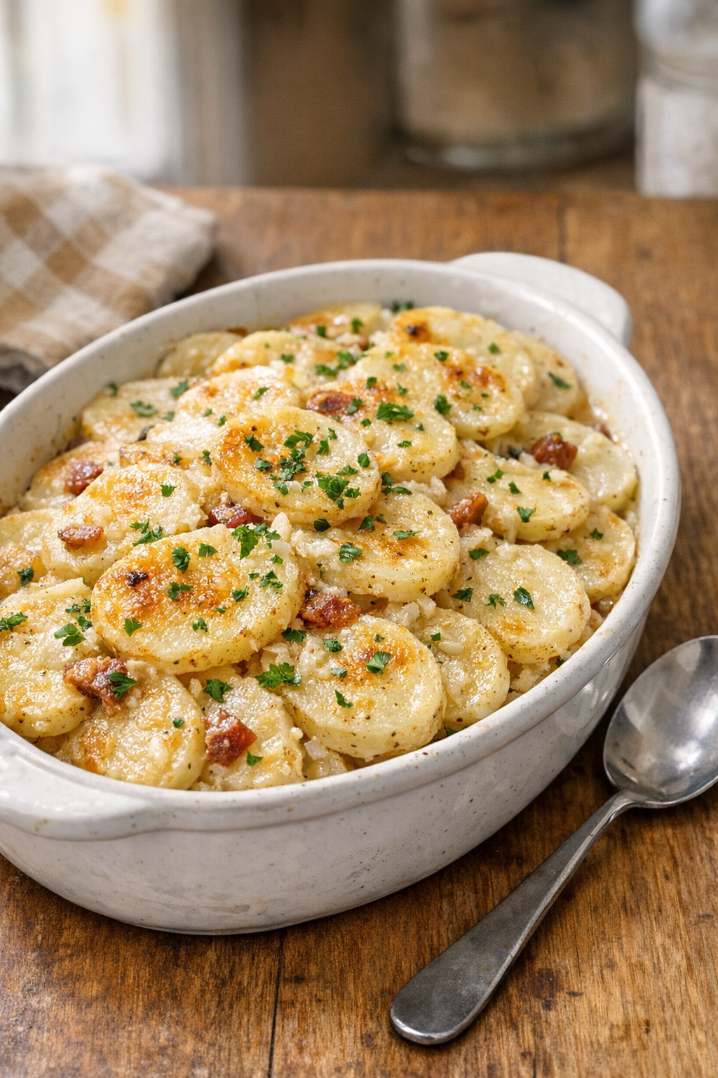 Finished slow cooker Amish summer rush spuds in a serving dish