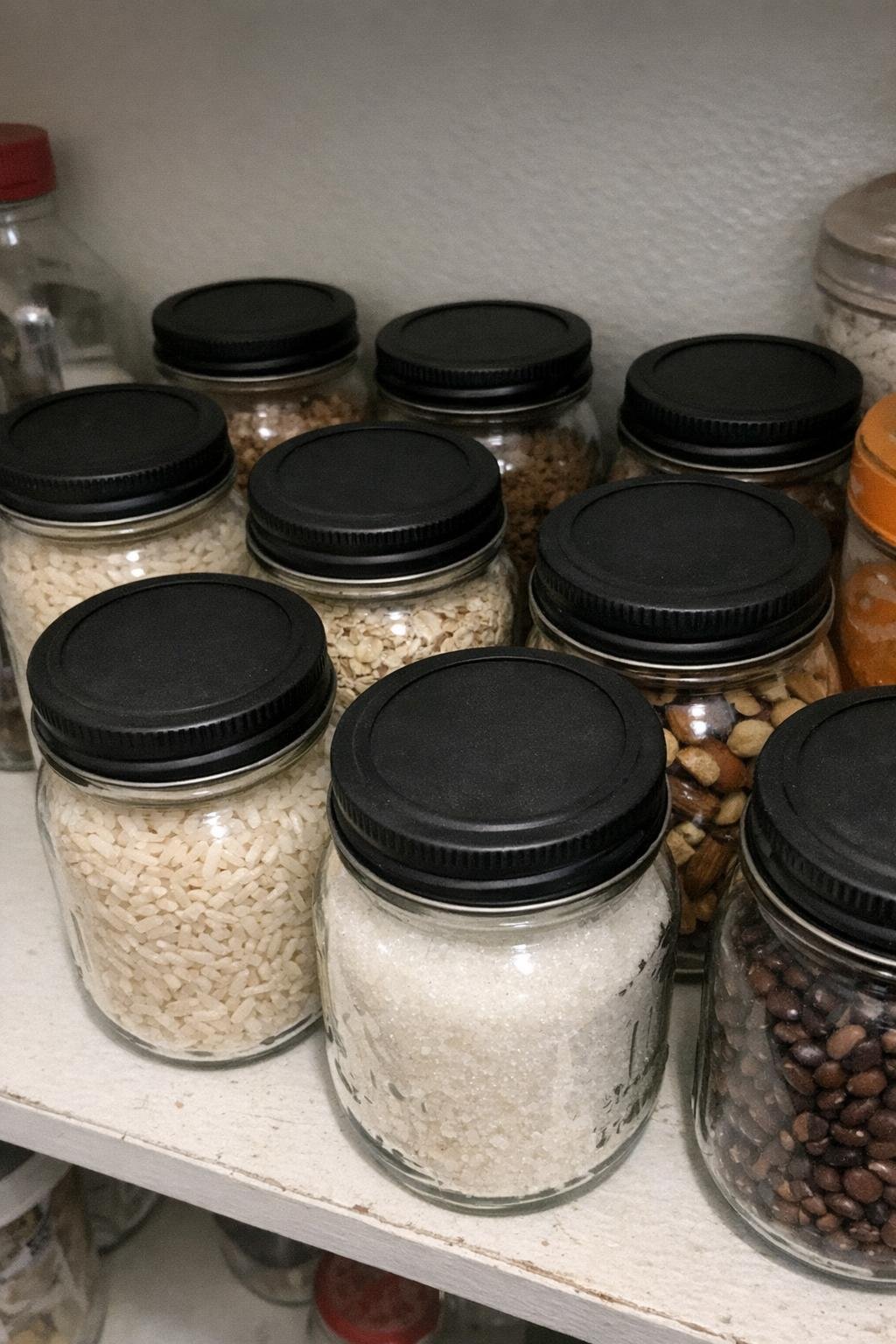 Mason jar lids painted with chalkboard paint on pantry jars