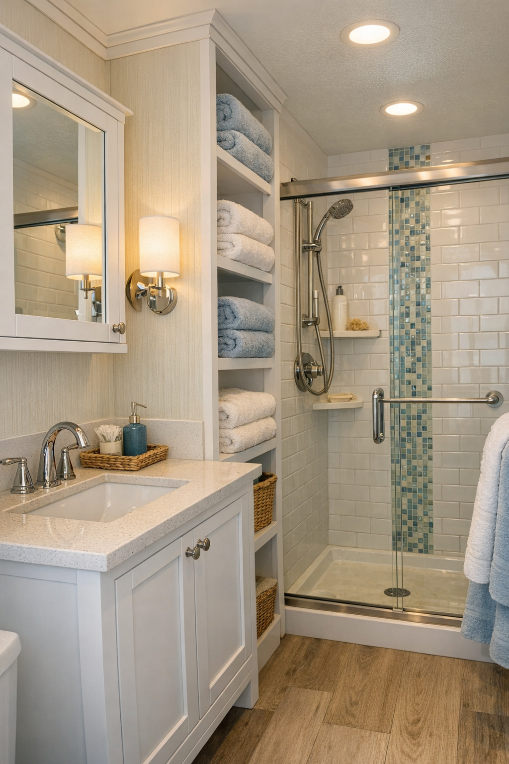 Fresh coastal bathroom with a white vanity, bright tiled shower, and polished fixtures
