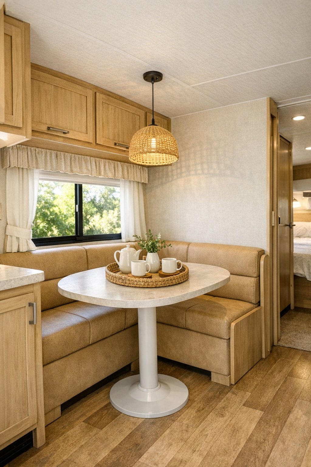 Compact RV dining nook with pedestal table and banquette seating