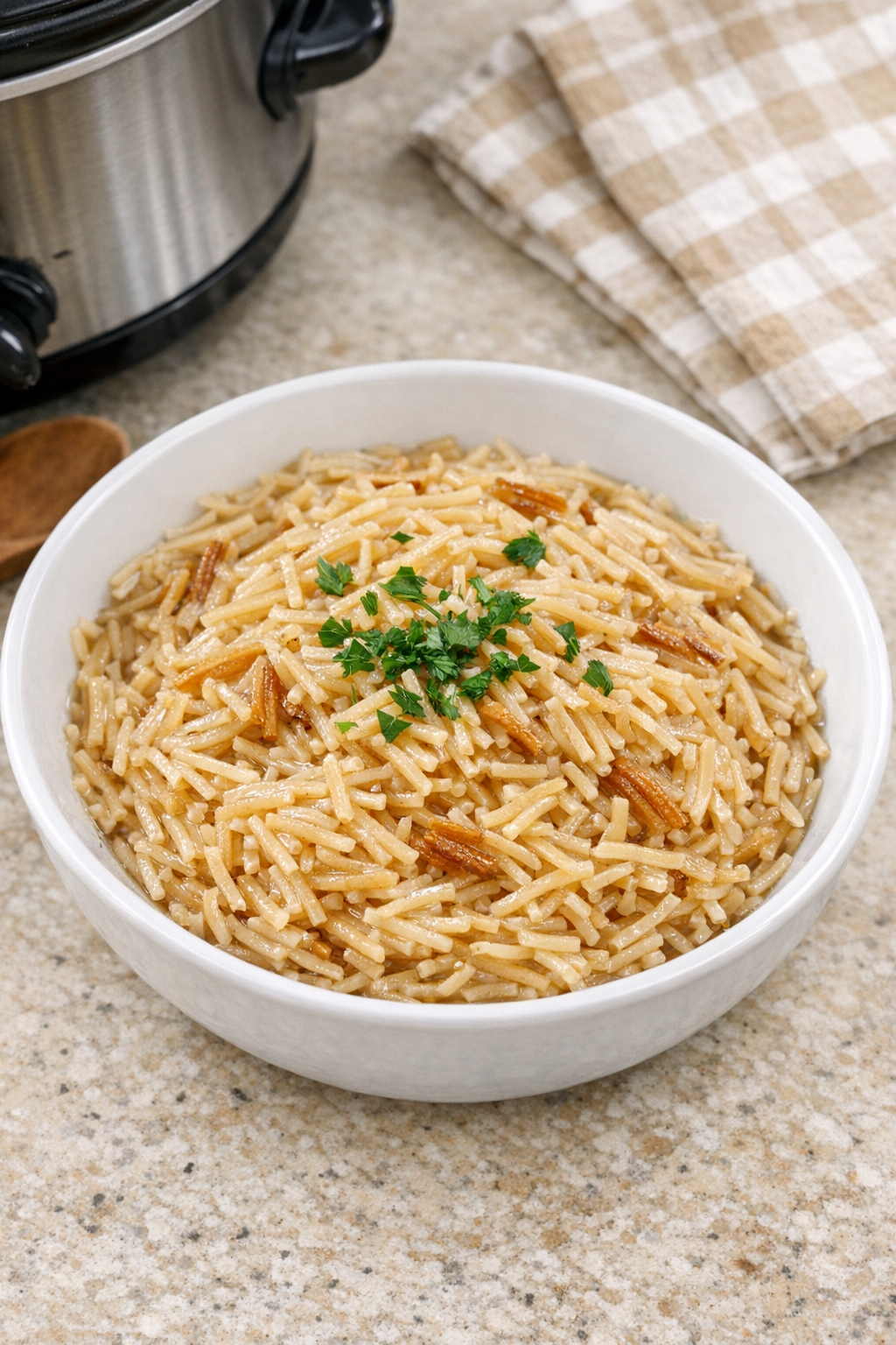 Finished slow cooker vermicelli plated in a bowl