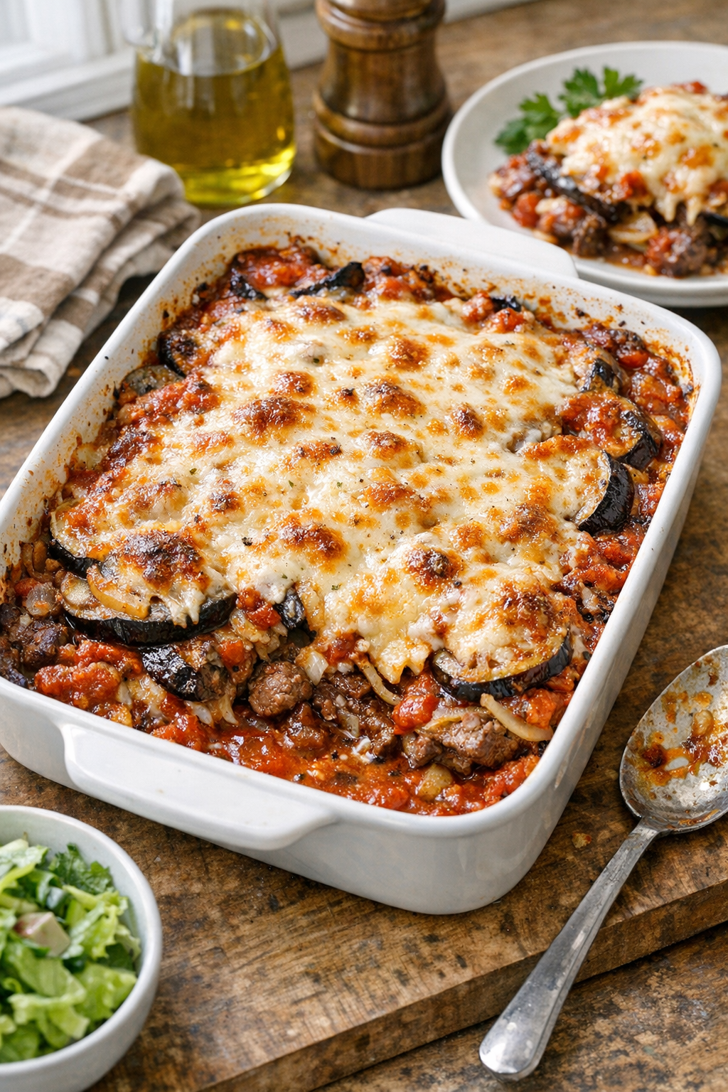 Finished baked beef and eggplant casserole in a rustic baking dish