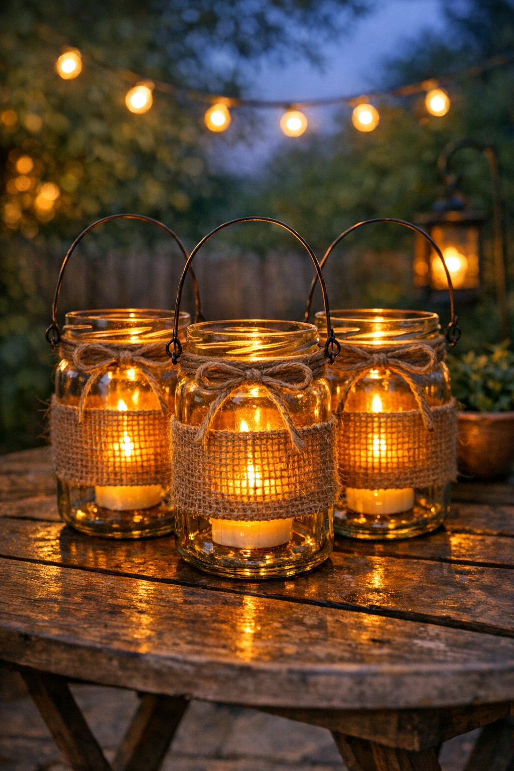 Finished burlap-wrapped pickle jar lanterns glowing outdoors at night