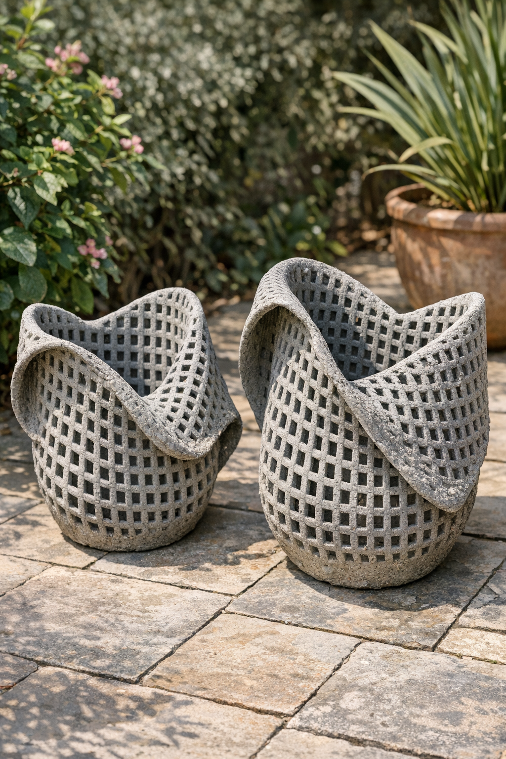 Finished grated cement yard vessels made from laundry baskets