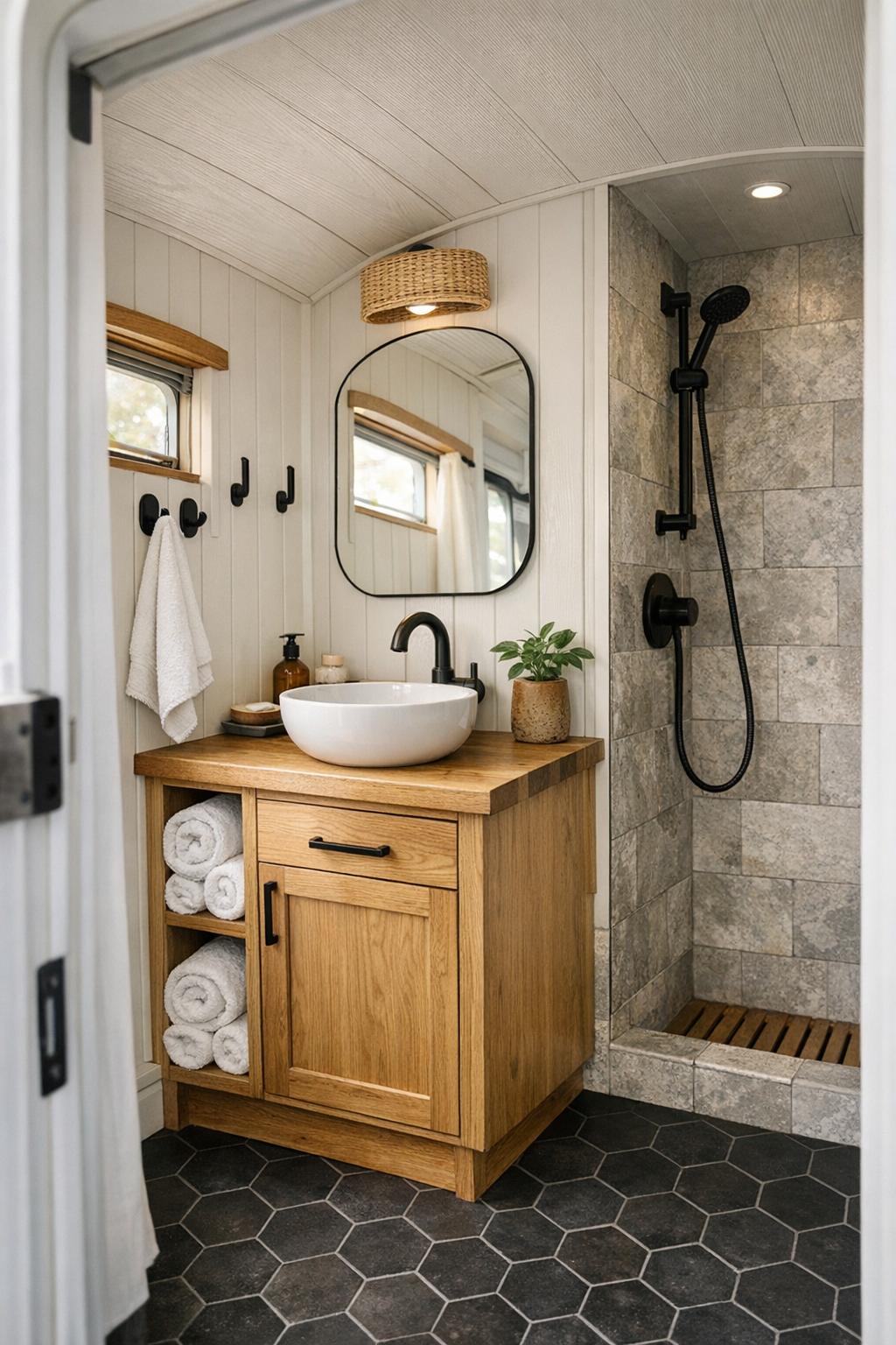Compact rustic bus bathroom with oak vanity and tiled shower
