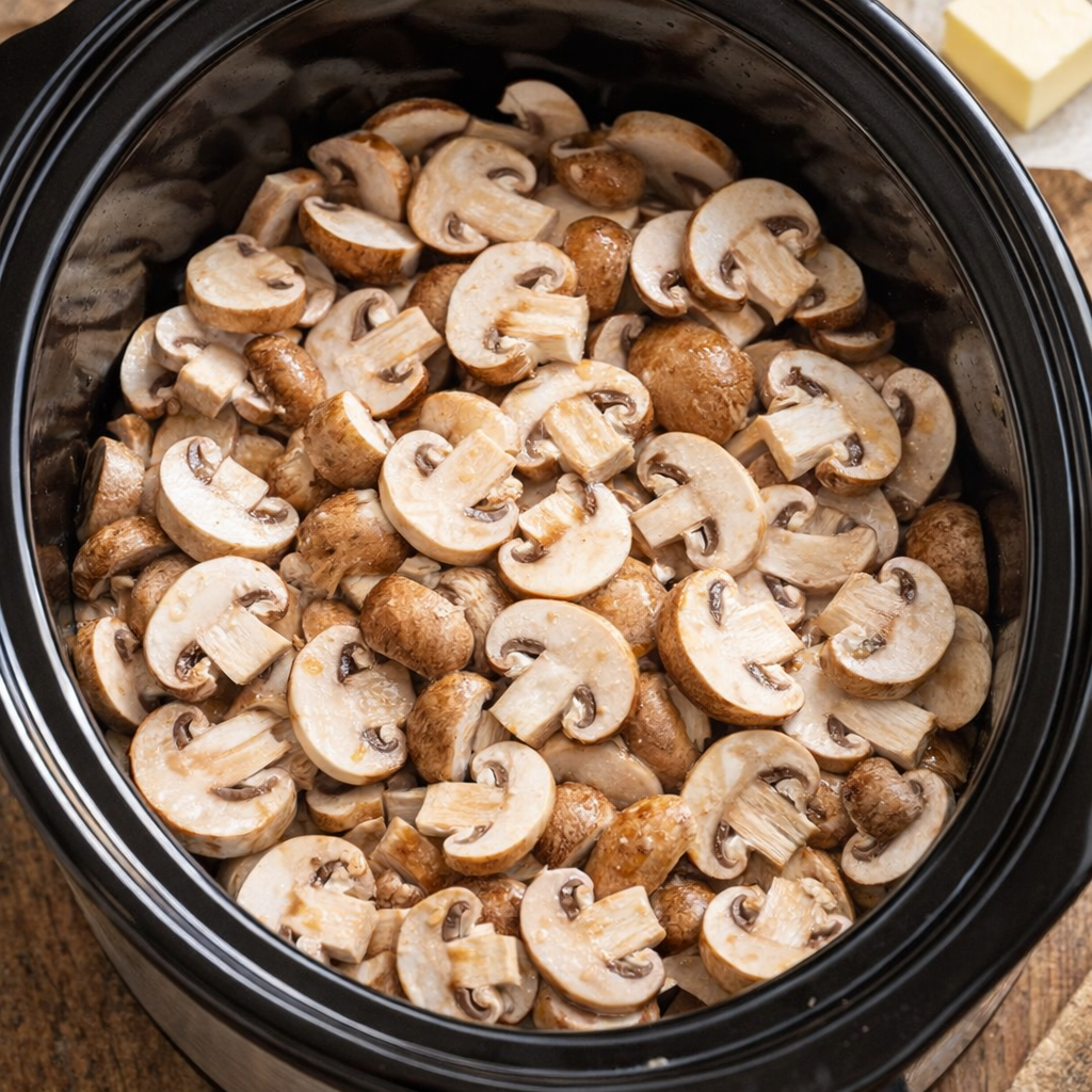 Gesneden champignons verdeeld over de bodem van een slowcooker.