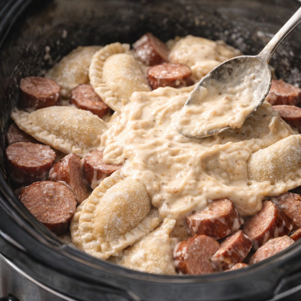Creamy soup spread over kielbasa and pierogies in slow cooker