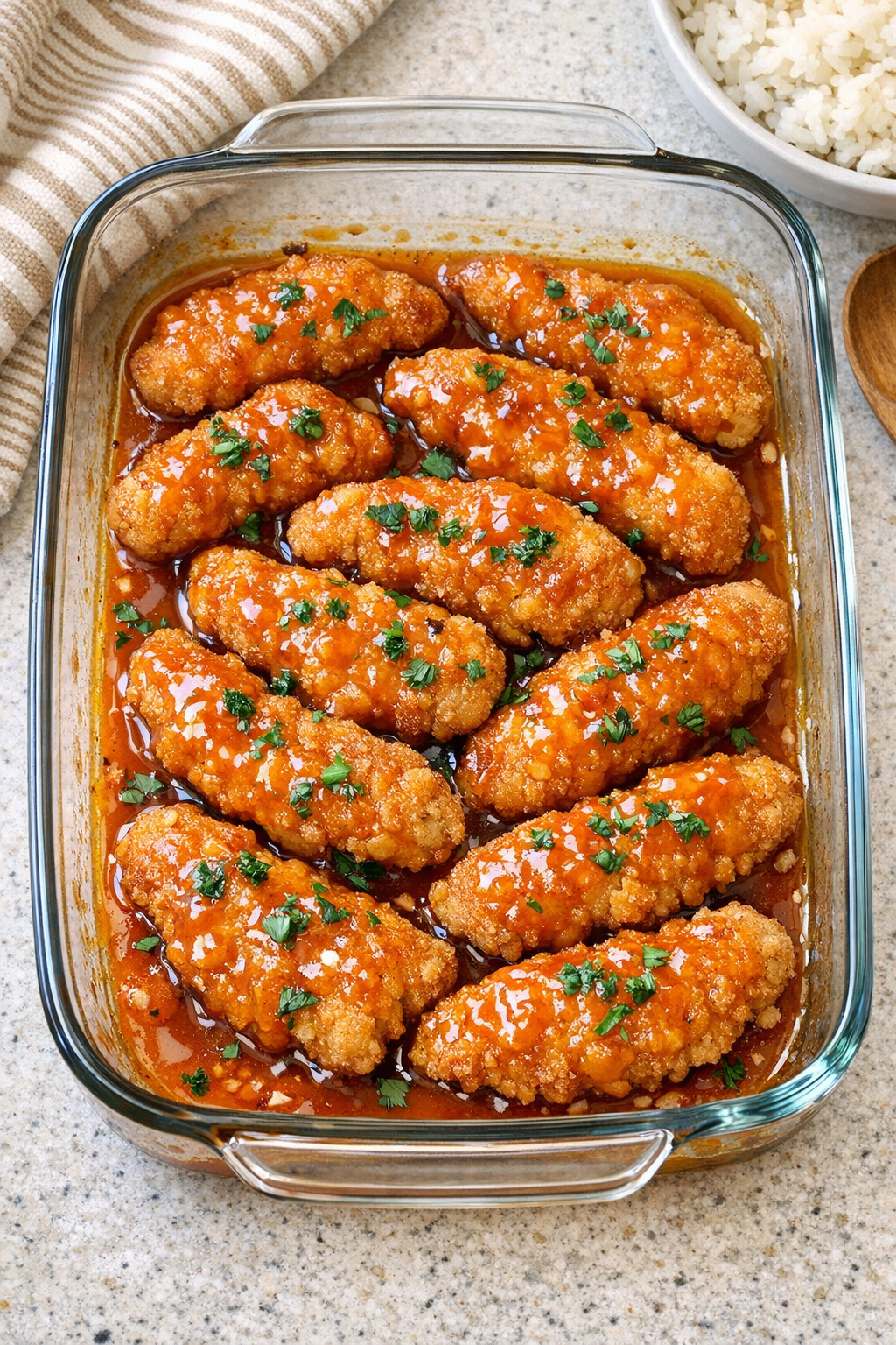 Finished baked breaded chicken tenders glazed with orange sauce