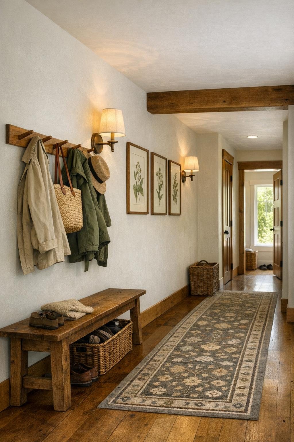 Charming cottage entry and hallway with a bench, pegs, soft lighting, and warm wood details