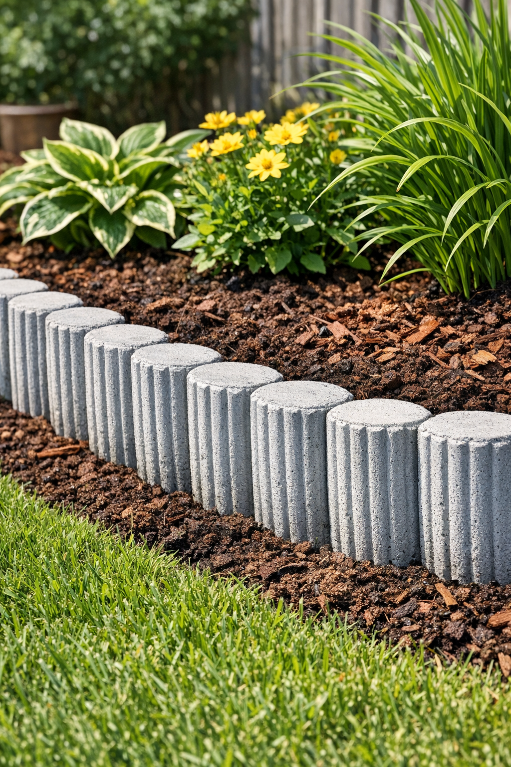 Finished fluted cement yard border installed around a garden bed