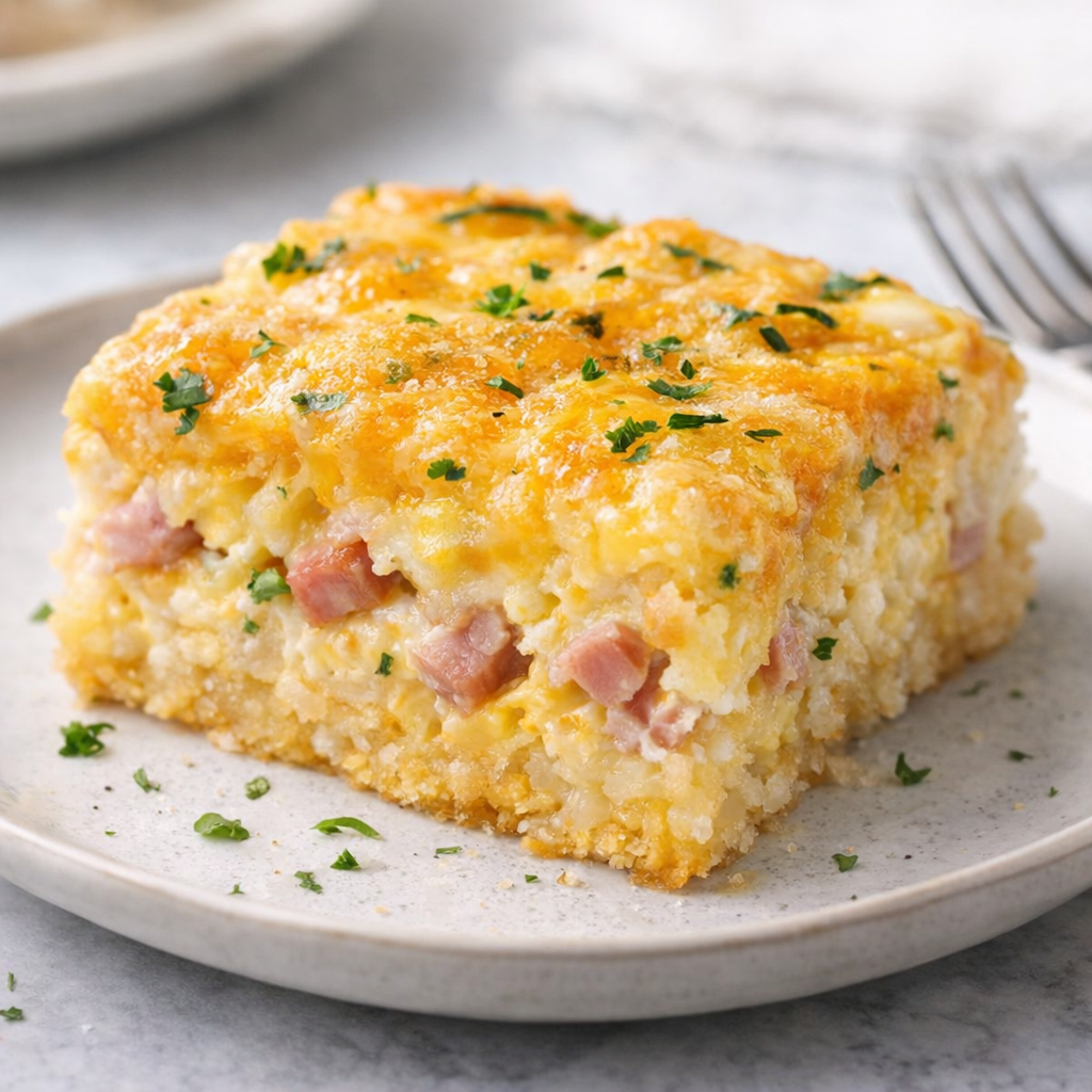 Served square of hash brown casserole on a plate
