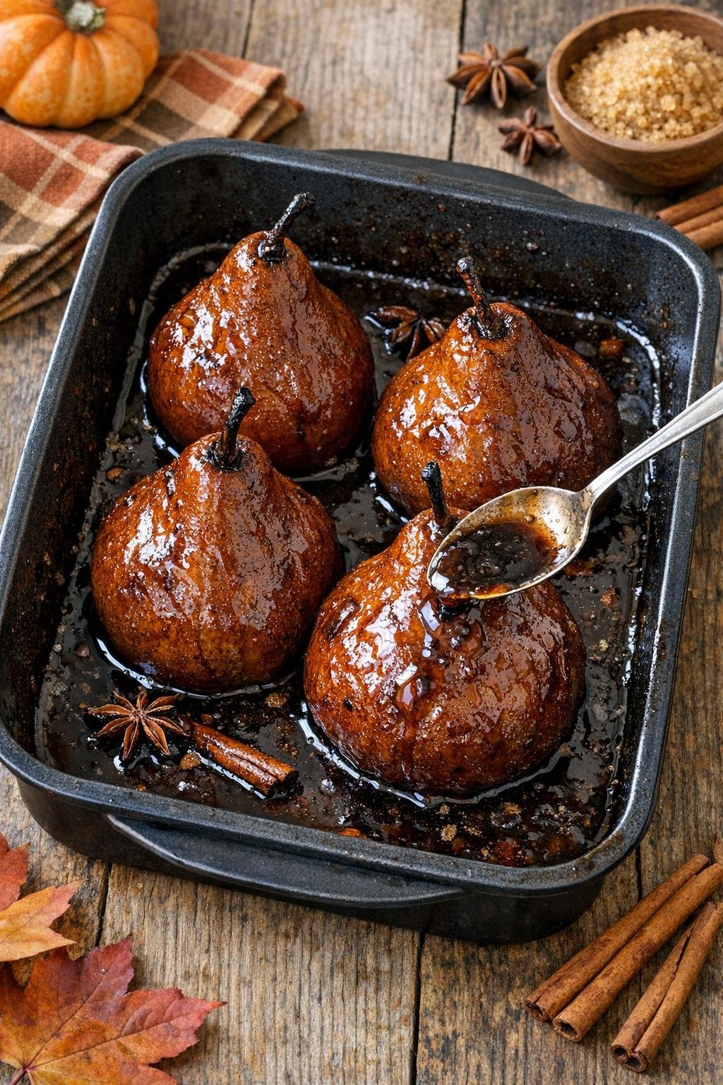 Finished baked pears in dark spiced sauce