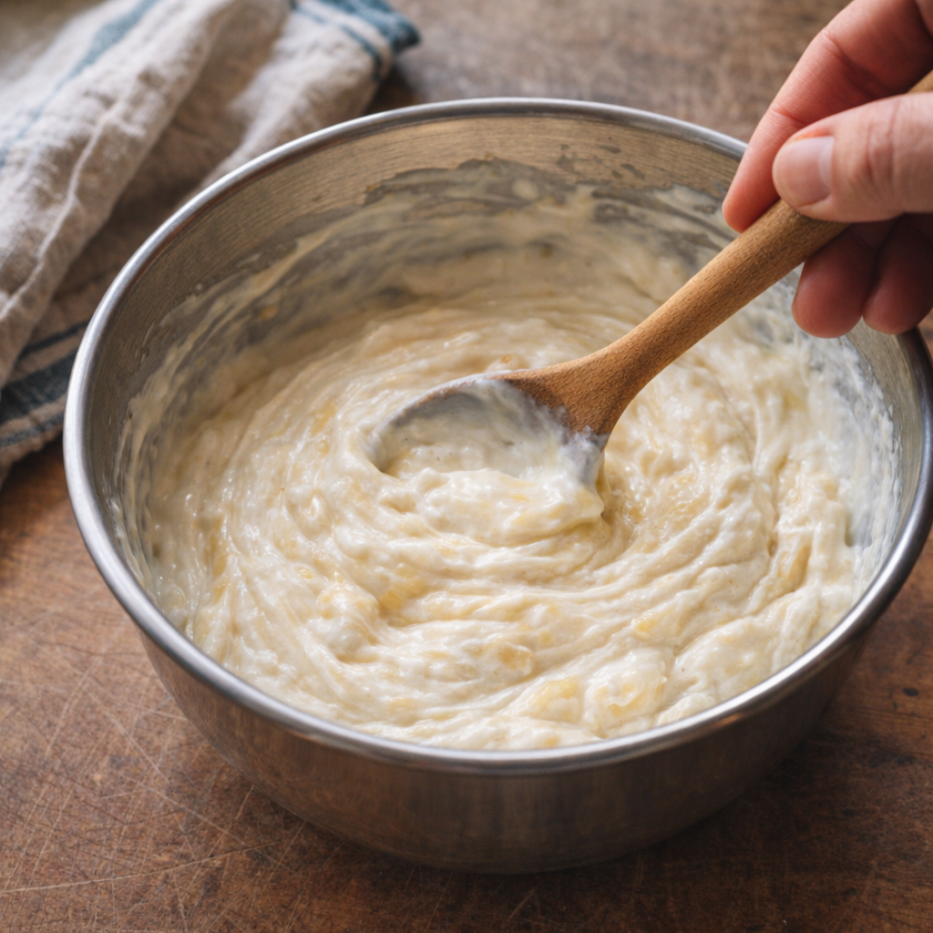 Creamy casserole sauce being mixed in a bowl