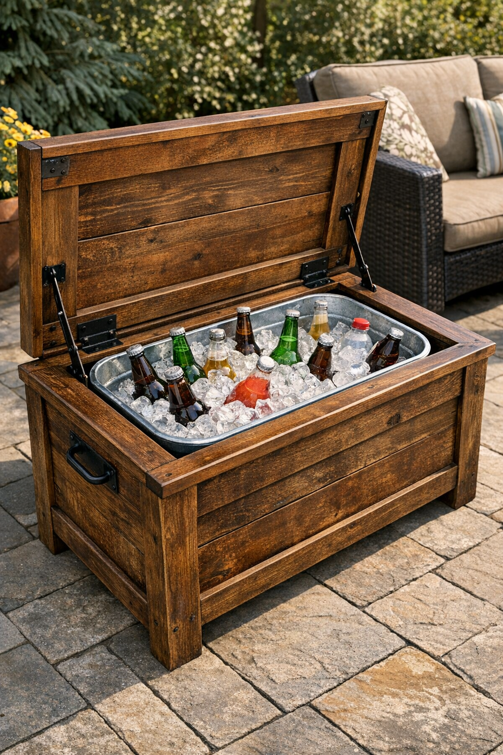 Finished outdoor bench cooler made from a wooden chest with galvanized tub insert