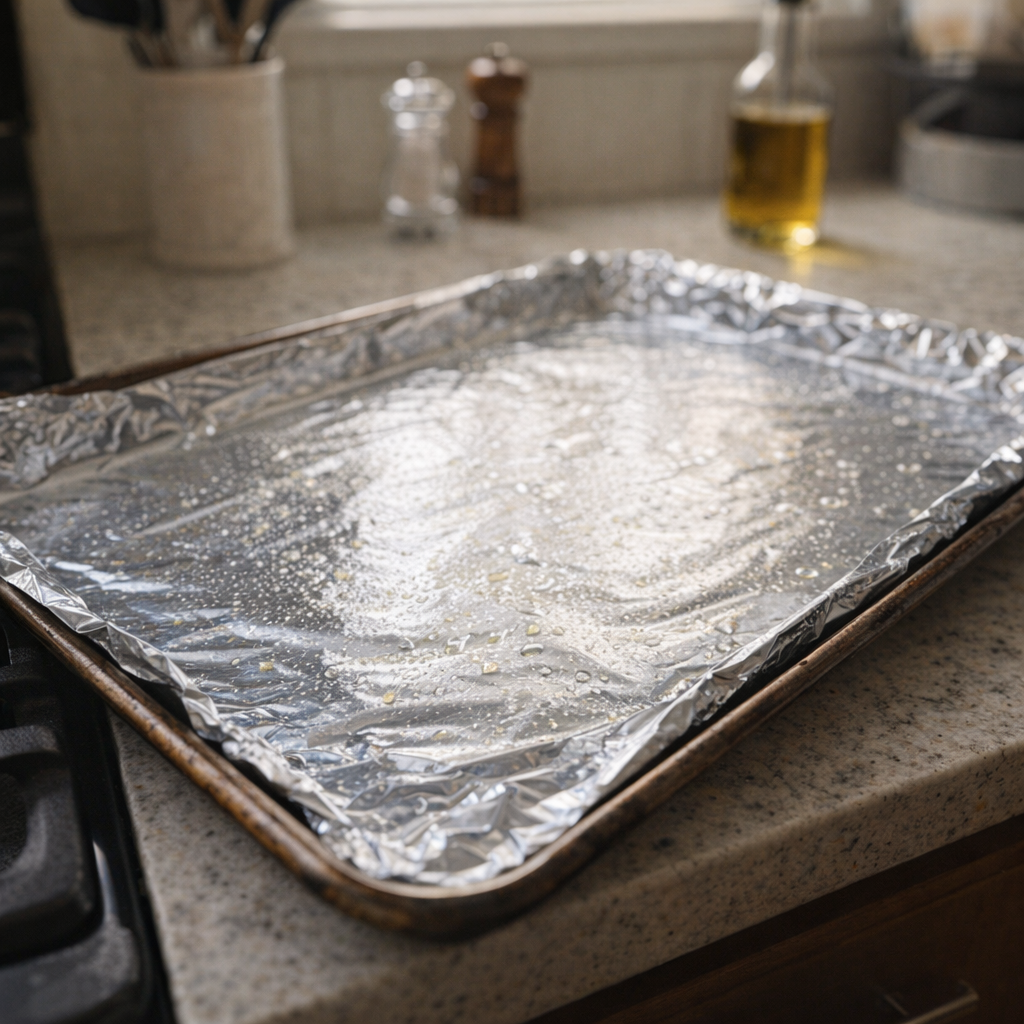 Prepared baking sheet lined with foil and oil spray