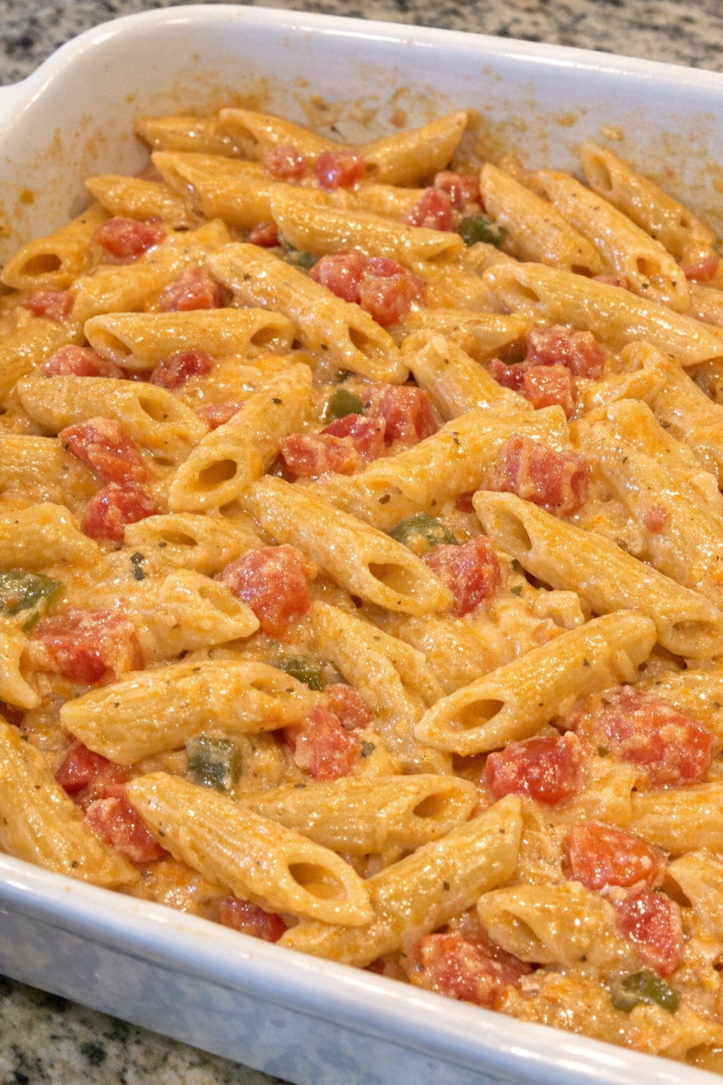 Creamy Velveeta Rotel penne in a white casserole dish