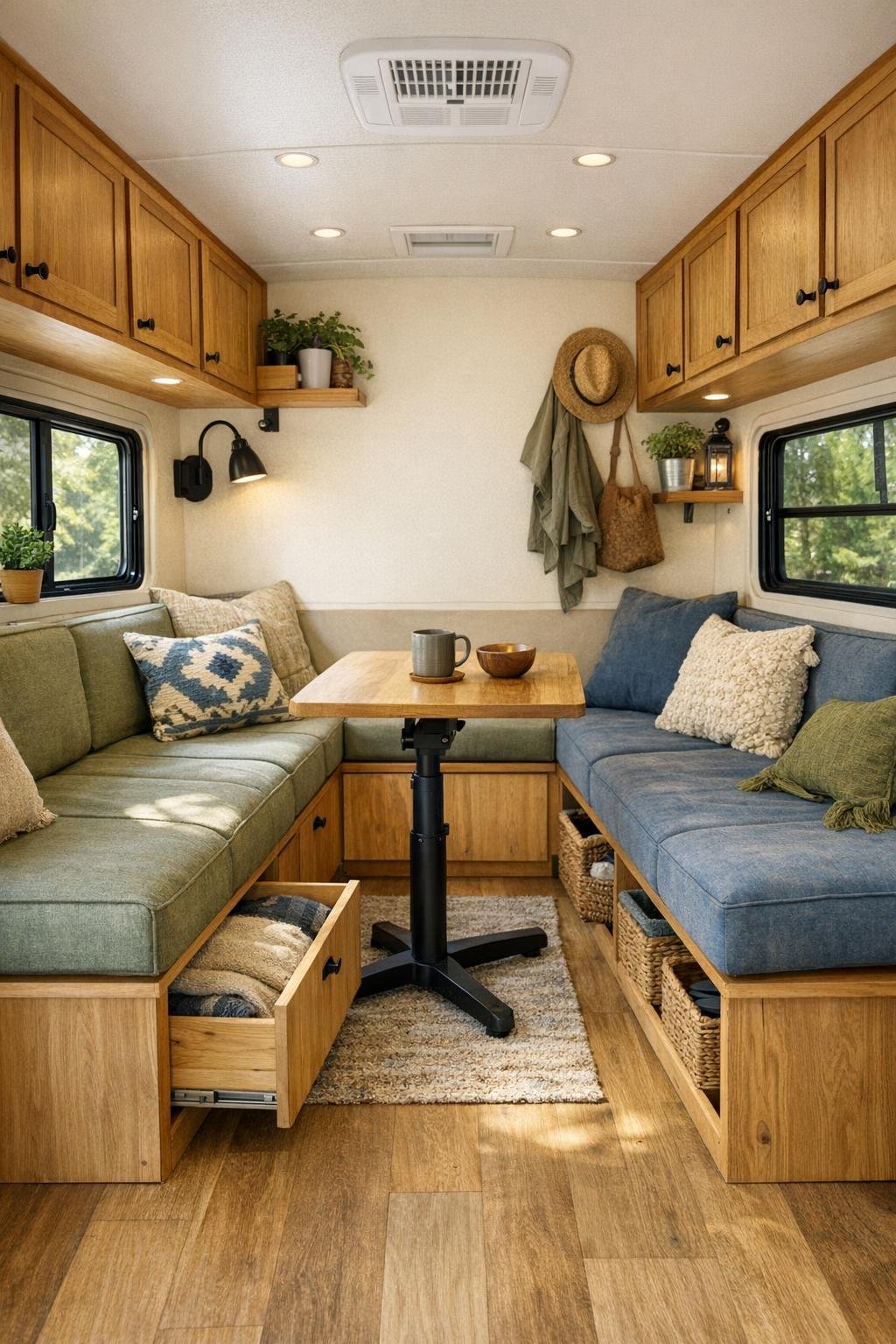 Compact camper living room with built-in bench seating and warm wood finishes