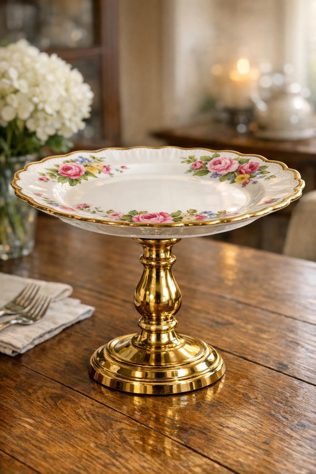 Finished vintage cake stand made from a brass candlestick and ceramic plate