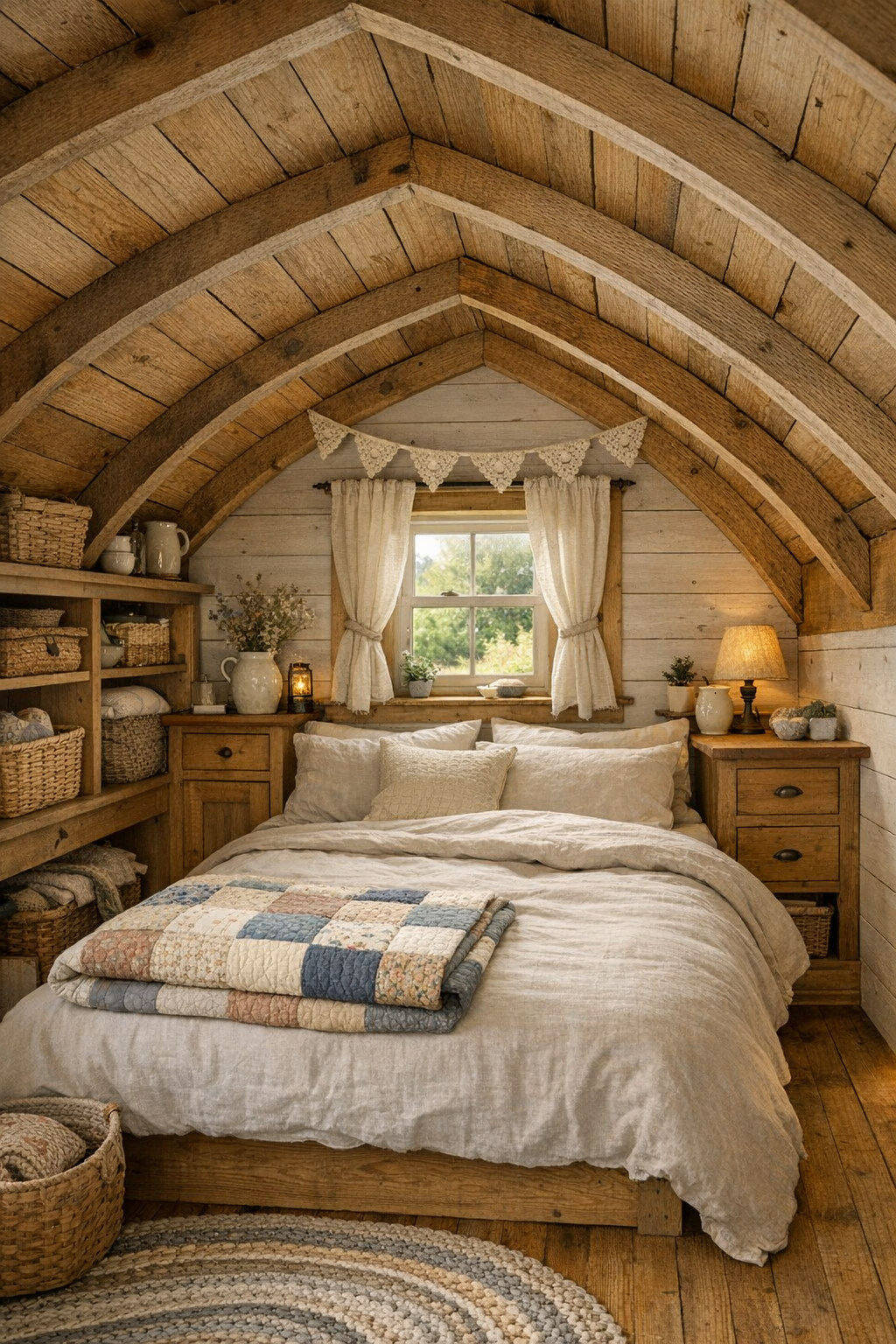 Snug barn loft bedroom with quilted bed and wood-lined ceiling