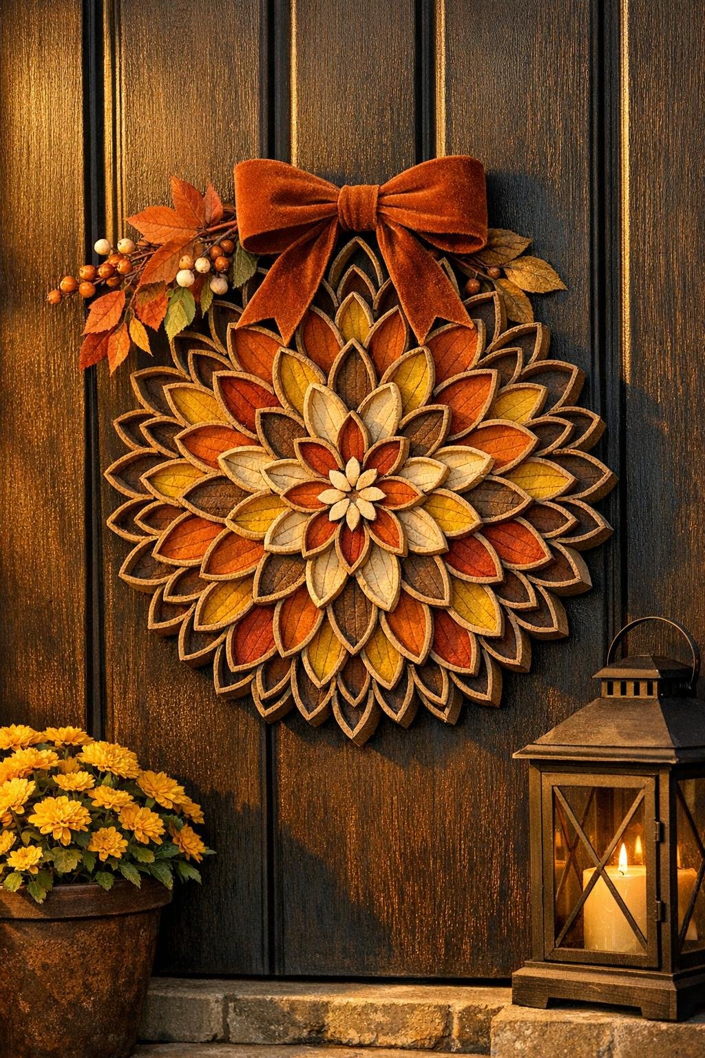 Finished cardboard roll harvest wreath medallion displayed on a front door