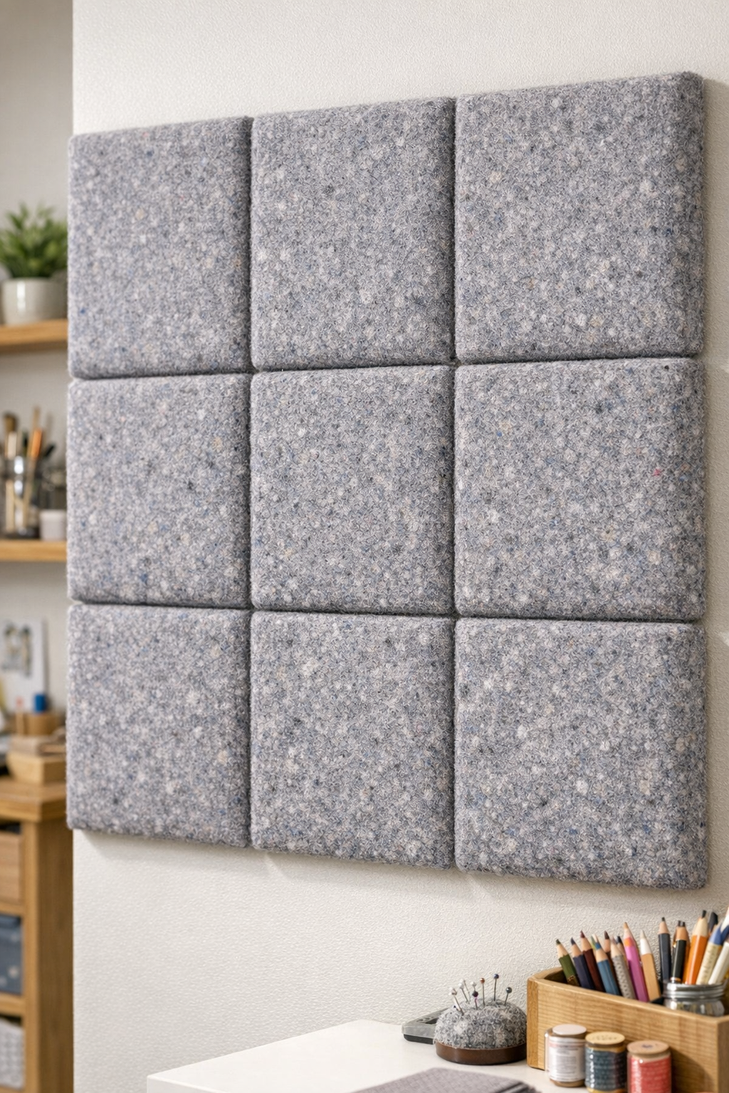 Finished grey dryer lint acoustic wall insulation panels mounted neatly on a wall