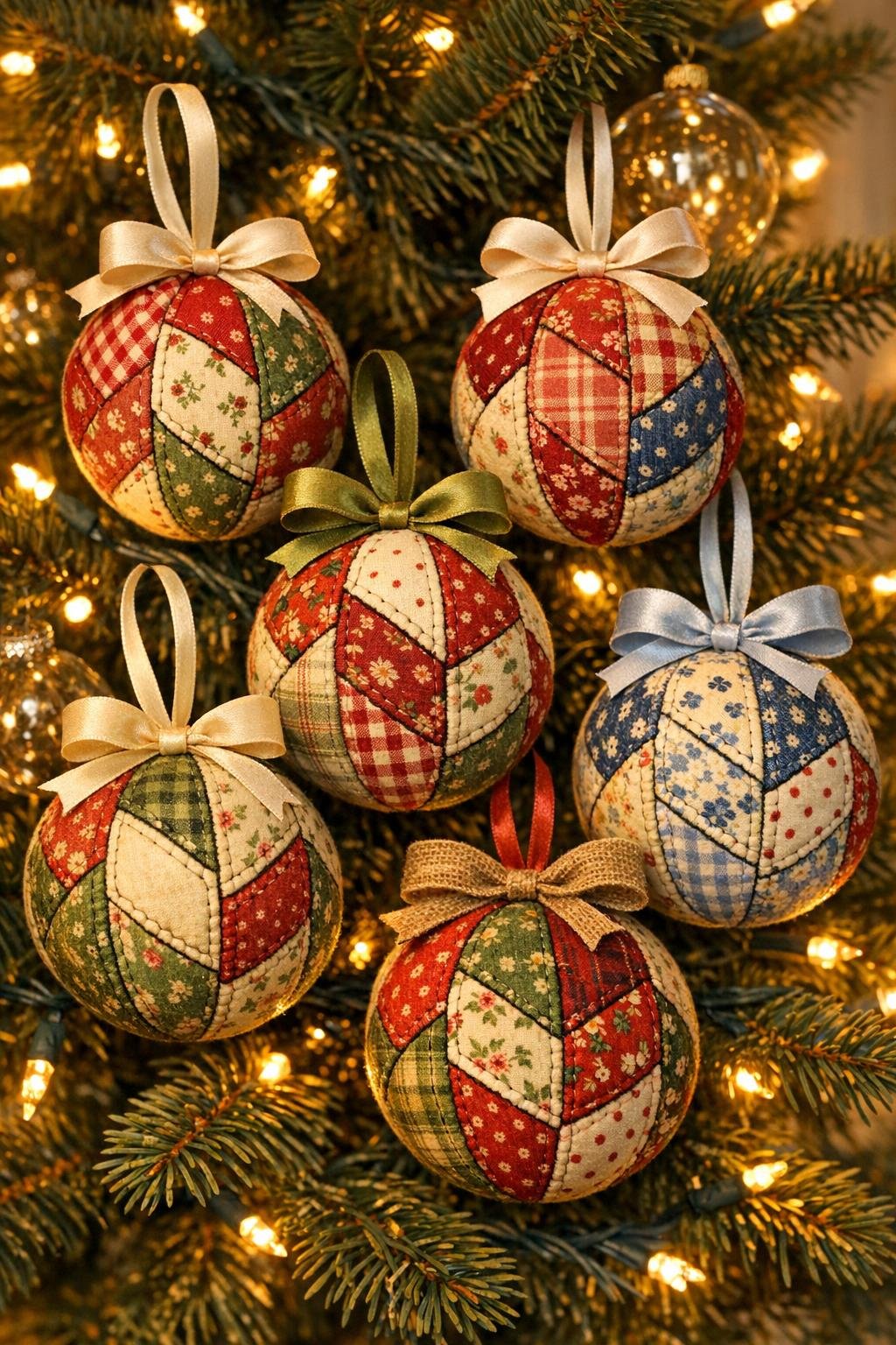 Finished no-sew quilted ornaments hanging on a decorated Christmas tree