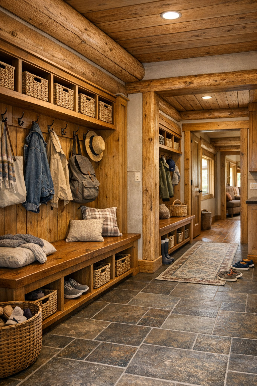 Thoughtful mudroom and hallway with built-in benches, hooks, and handcrafted wood details