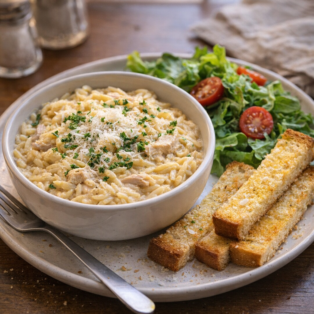 Weeknight orzo dinner with salad and toast on the side