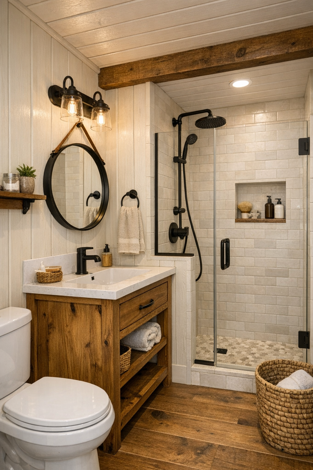 Bright compact bathroom with cream paneling, wood vanity, and black fixtures