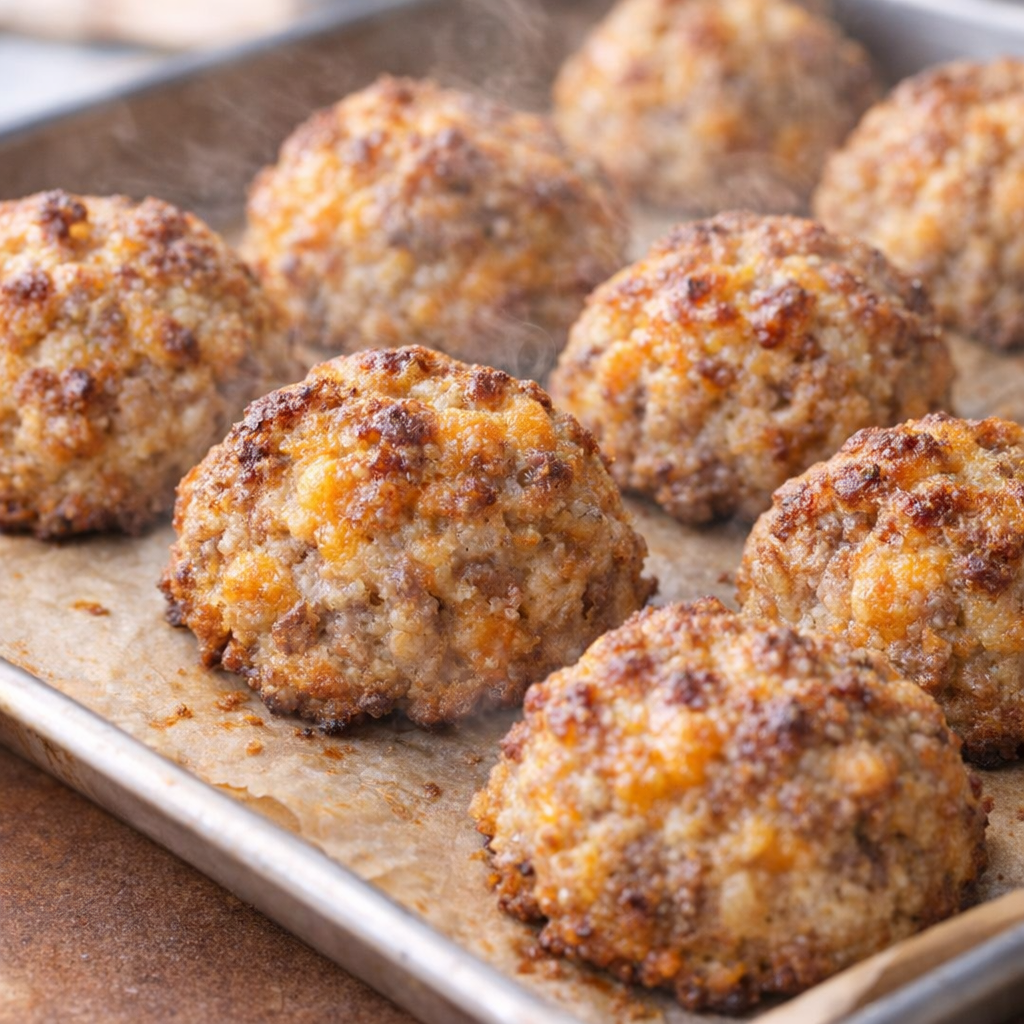 Freshly baked sausage balls on a hot baking sheet
