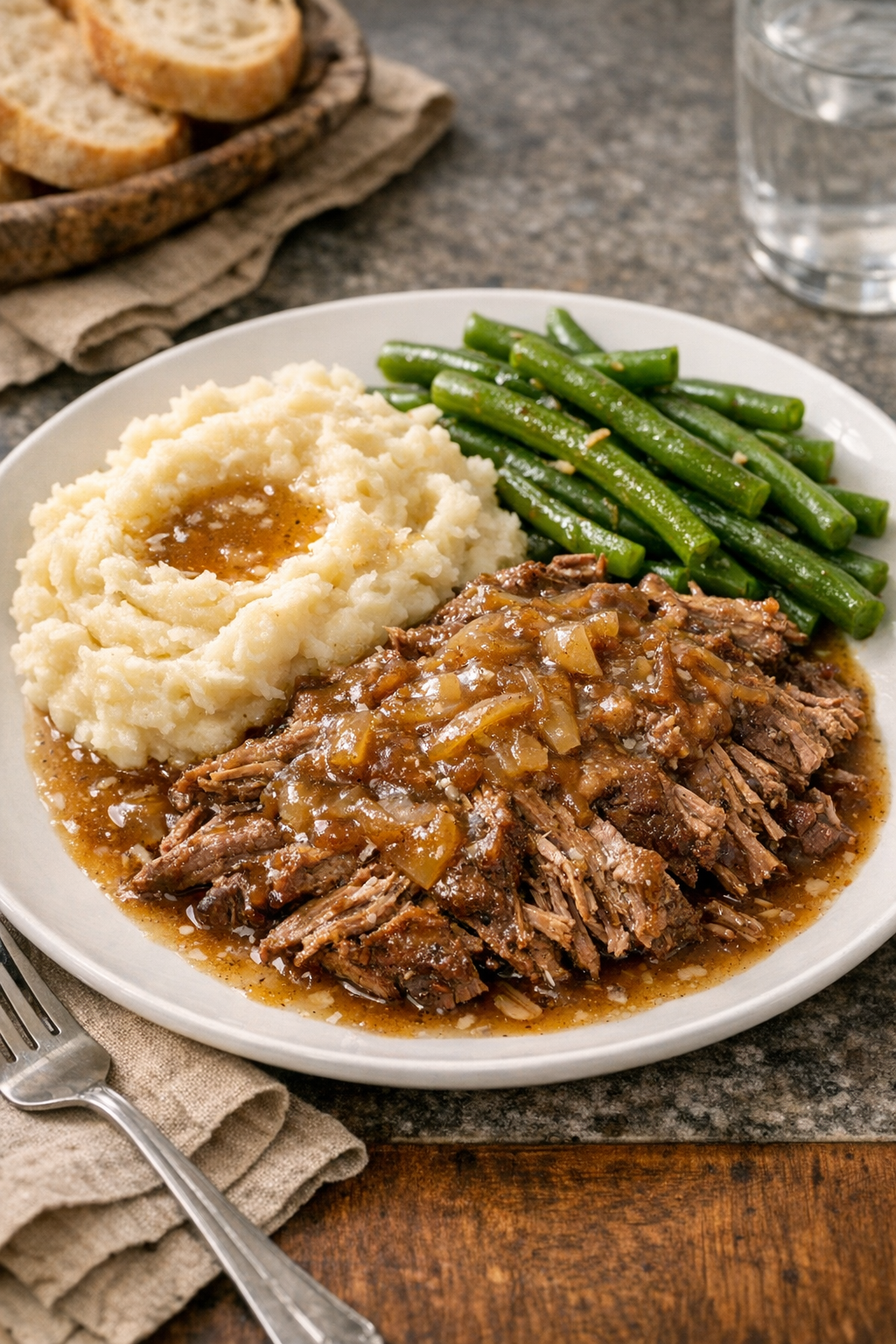 Finished Amish onion soup beef plated with gravy