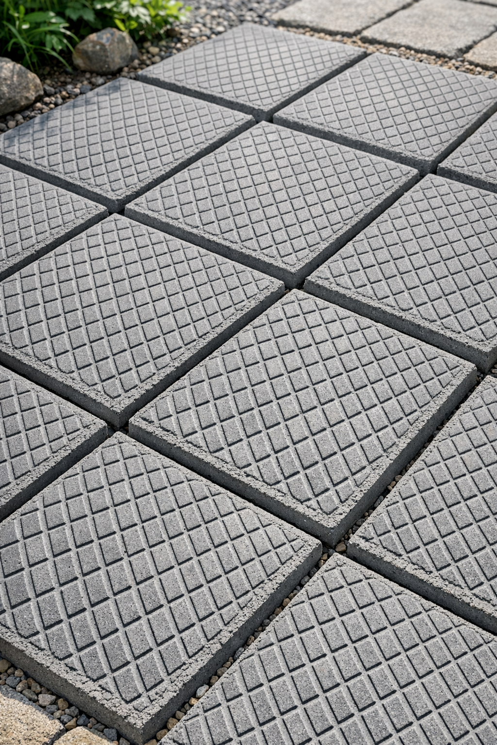 Finished heavy crosshatched cement patio slabs