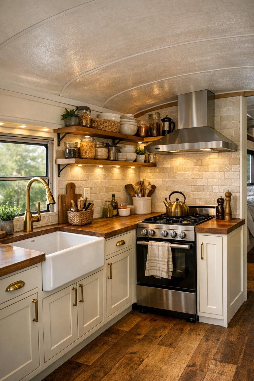 Galley kitchen inside a converted bus with butcher-block counters and creamy cabinets