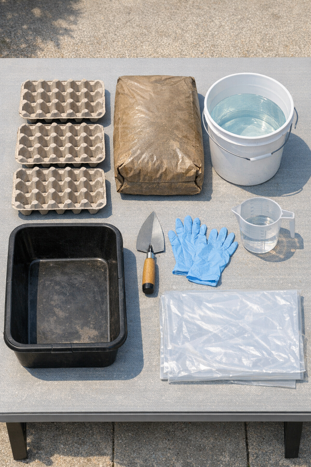 Materials for making dimpled cement patio stones laid out on a work surface