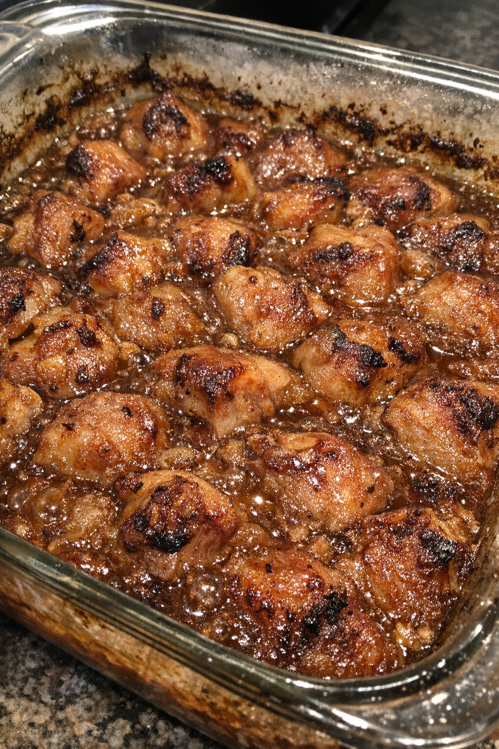 Roasted chunks in bubbling sauce in a glass casserole dish