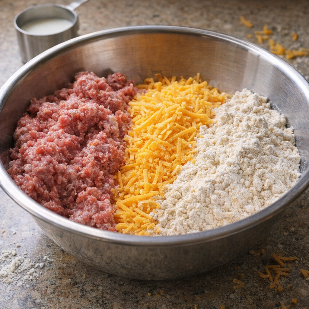 Ingredienser til pølseboller i en mikseskål