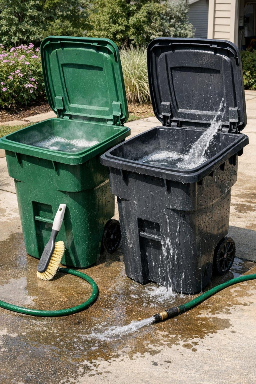 Outdoor trash and recycling bins being scrubbed clean