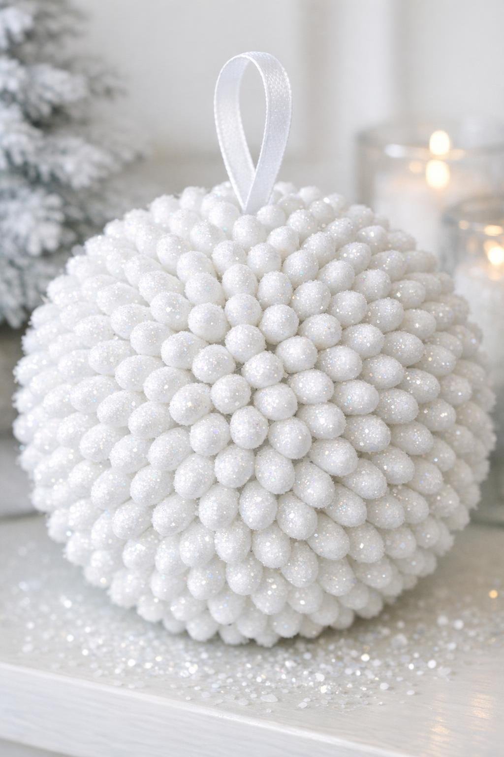 Finished glittering giant snowball ornament with ribbon loop