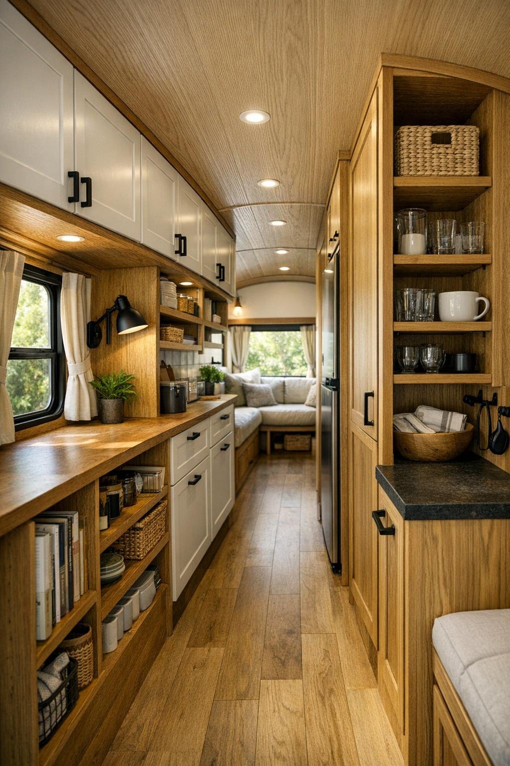 Functional hallway and multipurpose area in a converted bus with built-in storage