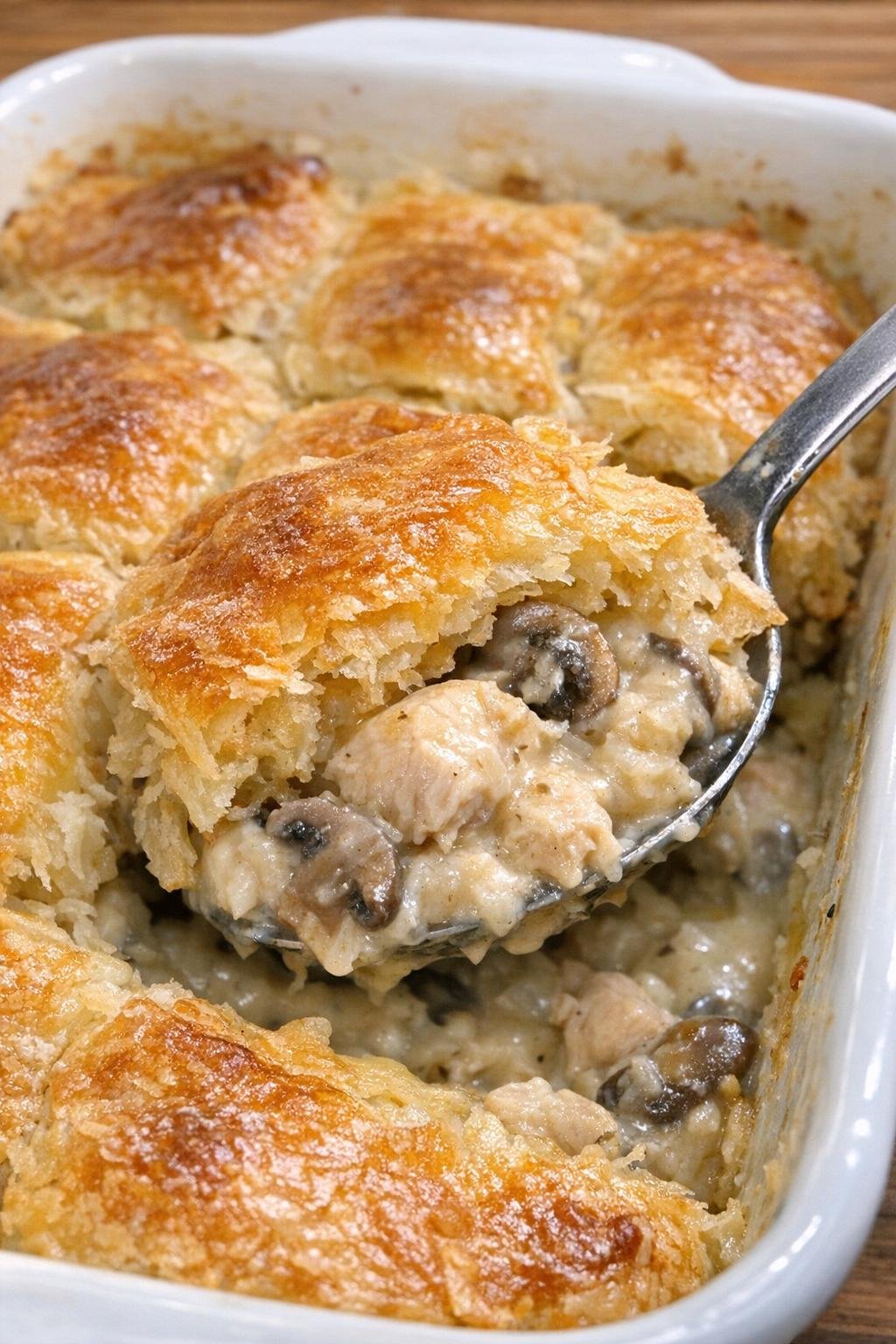Golden puff pastry topped chicken casserole in a white ceramic dish