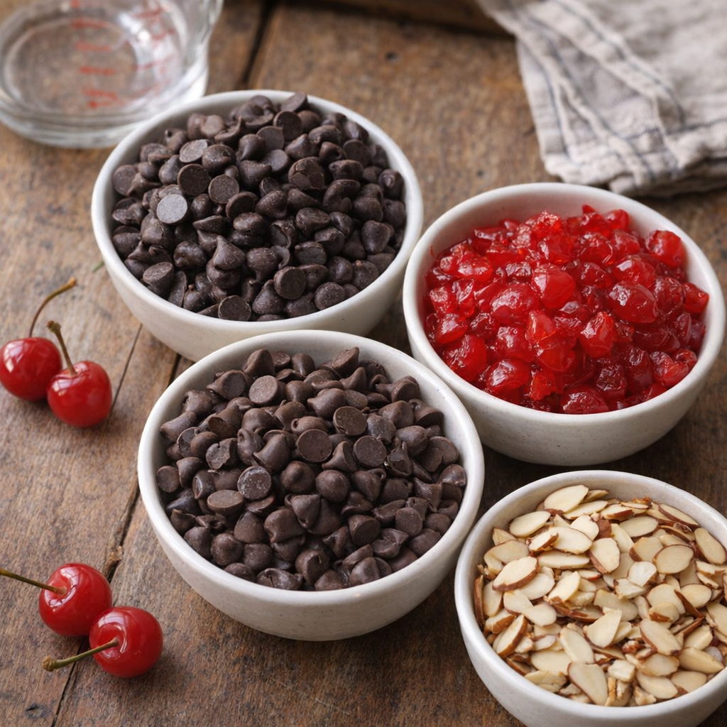 Ingredients for chocolate cherry clusters arranged on a kitchen table