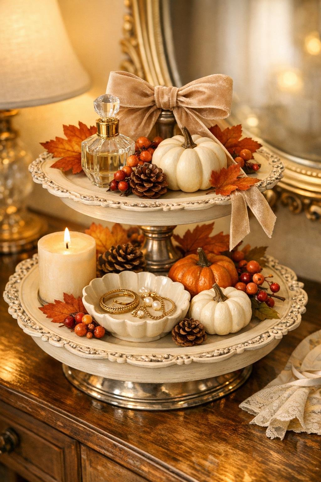 Finished fall vanity tray made from stacked silver platters