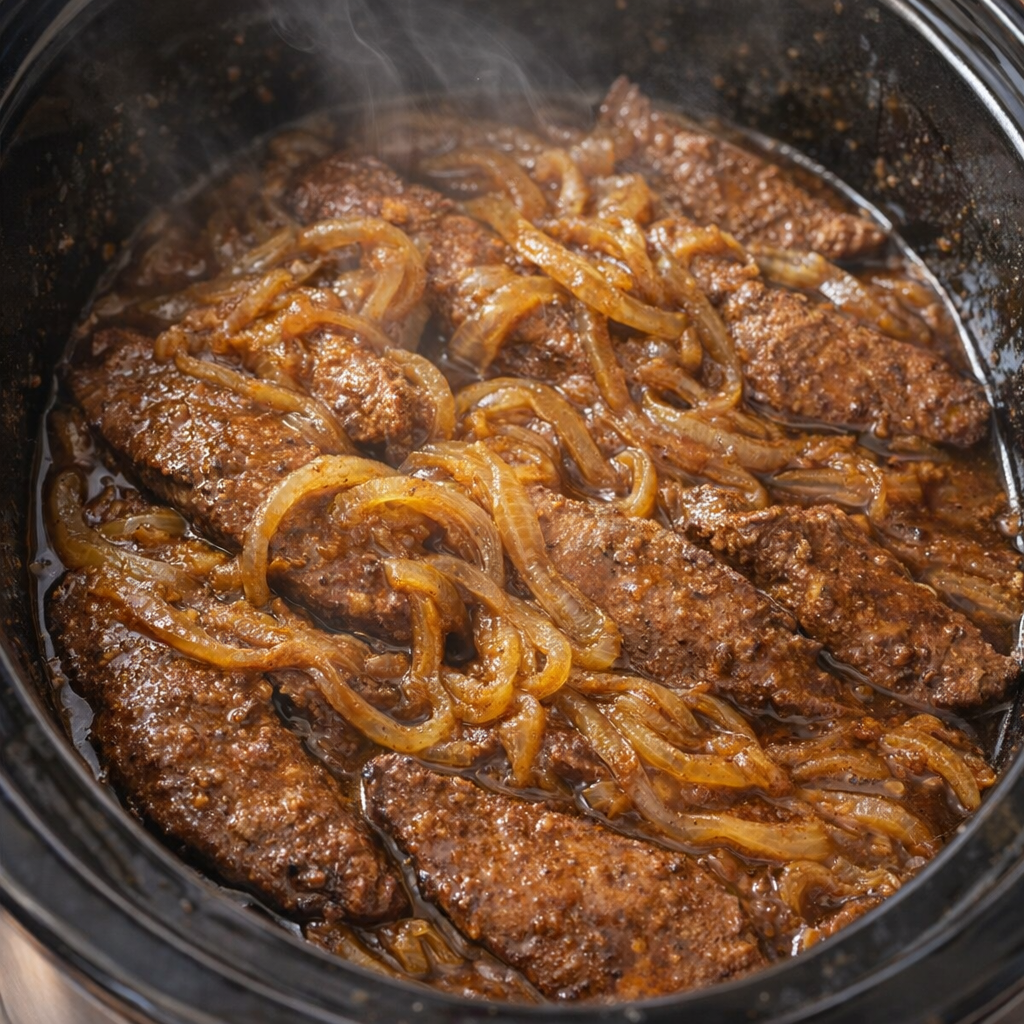 Cooked pork liver and onions in rich brown gravy